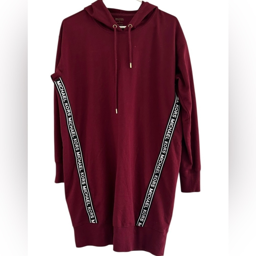Michael Kors Logo Tape Sweatshirt Hoodie Dress - Burgundy Red - Size Medium